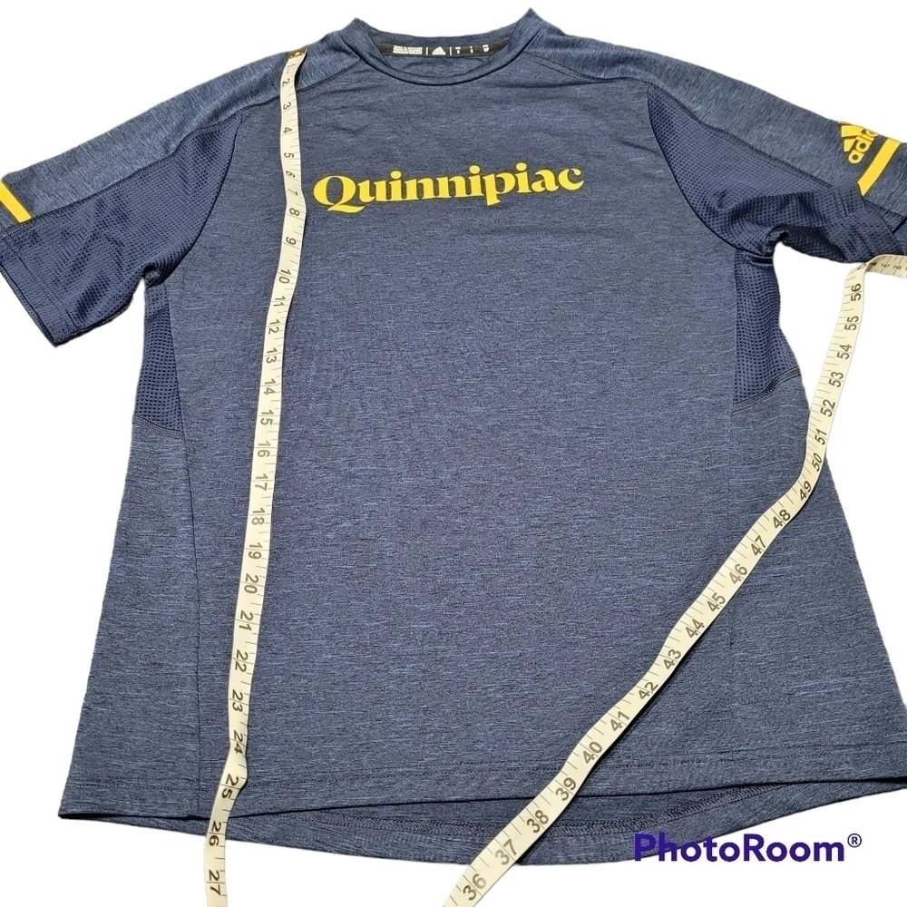 Adidas Navy Blue Yellow Graphic Quinnipiac Short Sleeve Athletic‎ Top Size Small